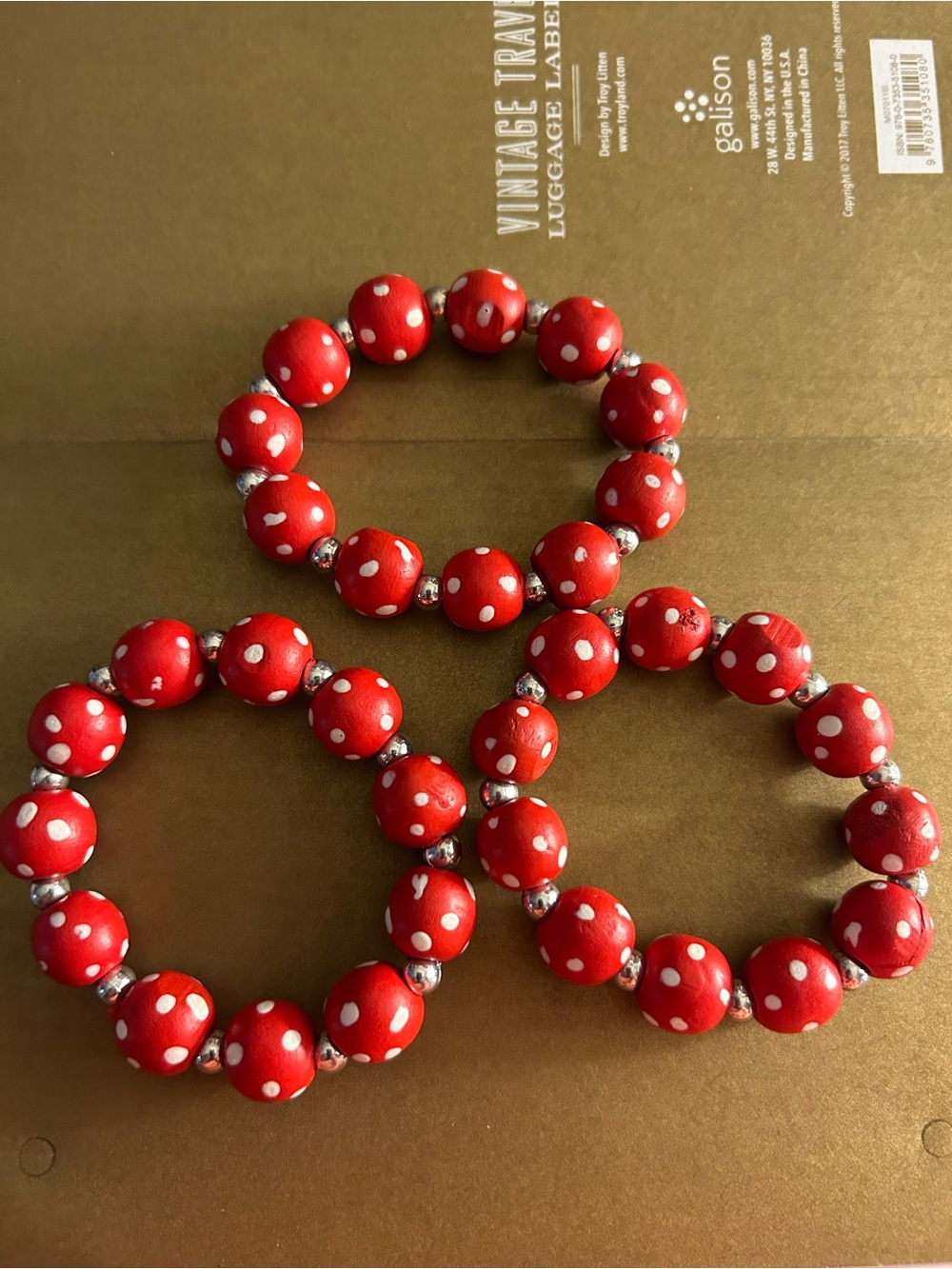 NWOT 3 Bracelets wood, painted Red & White Polka Dot  stretch (med. Size wrist)